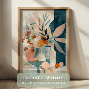 Arte mural botánico abstracto Japandi: impresión vegetal moderna de mediados de siglo, póster minimalista neutro, decoración de jarrones wabi sabi para interiores zen
