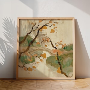 May include: A framed artwork featuring a serene landscape with stylized trees and foliage. The artwork has a light wood frame. The painting depicts branches with orange blossoms against a backdrop of green and beige tones, evoking a sense of nature.