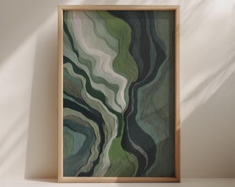 Organische abstrakte Wandkunst - Japandi-Stil zum Ausdrucken in Salbei und Waldgrün, digitaler Download
