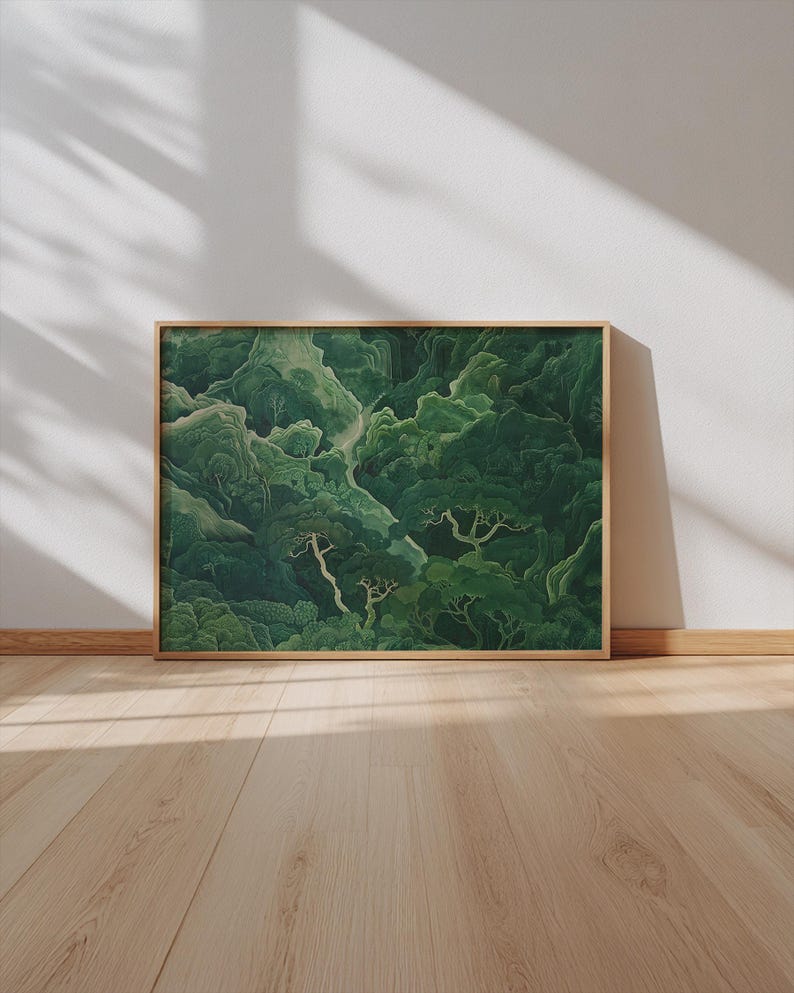 Sage Green Japandi Landscape Print – Minimalist Forest Wall Art (Horizontal Digital Download) image 1