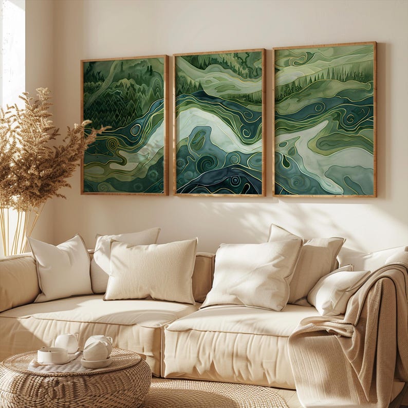 Sage Green Japandi Forest Triptych Minimalist Zen Wall Art Digital 
