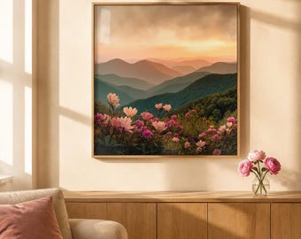 Square Japandi Wall Art, Sunset Mountain Landscape, Floral Nature Print, Digital Download