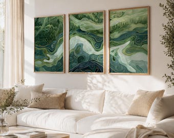 Sage Green Japandi Triptych: Minimalist Forest Landscape Prints