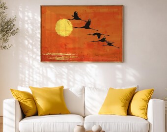 Lámina decorativa de grulla Japandi para pared – Póster minimalista Wabi Sabi