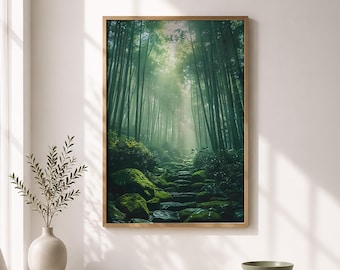 Japandi Bamboo Forest Print: Mossy Zen Garden Wall Art (Digital Download)