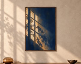 Midnight Window Light Print, Blue Abstract Wall Art, Japandi Shadow Poster