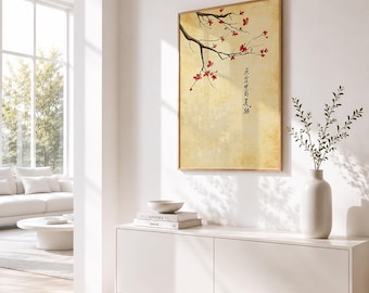 Könnte beinhalten: Ein gerahmter Kunstdruck mit einem Zweig mit roten Blüten und japanischen Schriftzeichen auf beigem Hintergrund. Das Kunstwerk wird auf einem weißen Schrank mit einer Vase und Büchern ausgestellt. Der Raum hat ein modernes Design mit natürlichem Licht.