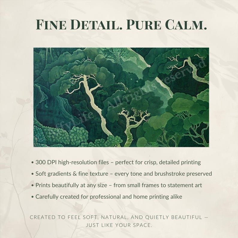 Close-up of a high-resolution abstract green forest artwork with rich textures and calm gradients. Text overlay highlights 300 DPI quality and print-ready detail, emphasizing the clarity and beauty of printable digital wall art.