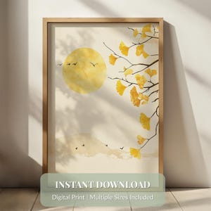 Arte mural de ginkgo japonés, decoración minimalista de otoño, impresión botánica wabi sabi, póster de naturaleza dorada, decoración zen para el hogar, arte moderno para sala de estar