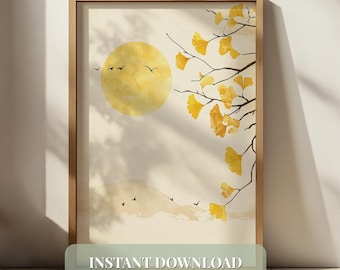 Japandi Ginkgo Wall Art, Minimalist Autumn Decor, Wabi Sabi Botanical Print, Golden Nature Poster, Zen Home Decor, Modern Living Room Art