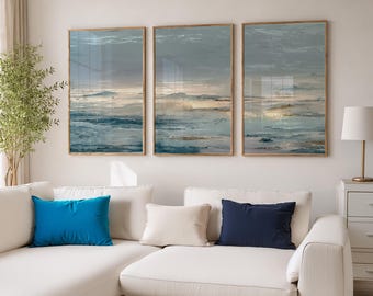Japandi Digital Wall Art Set – Coastal Horizon Triptych