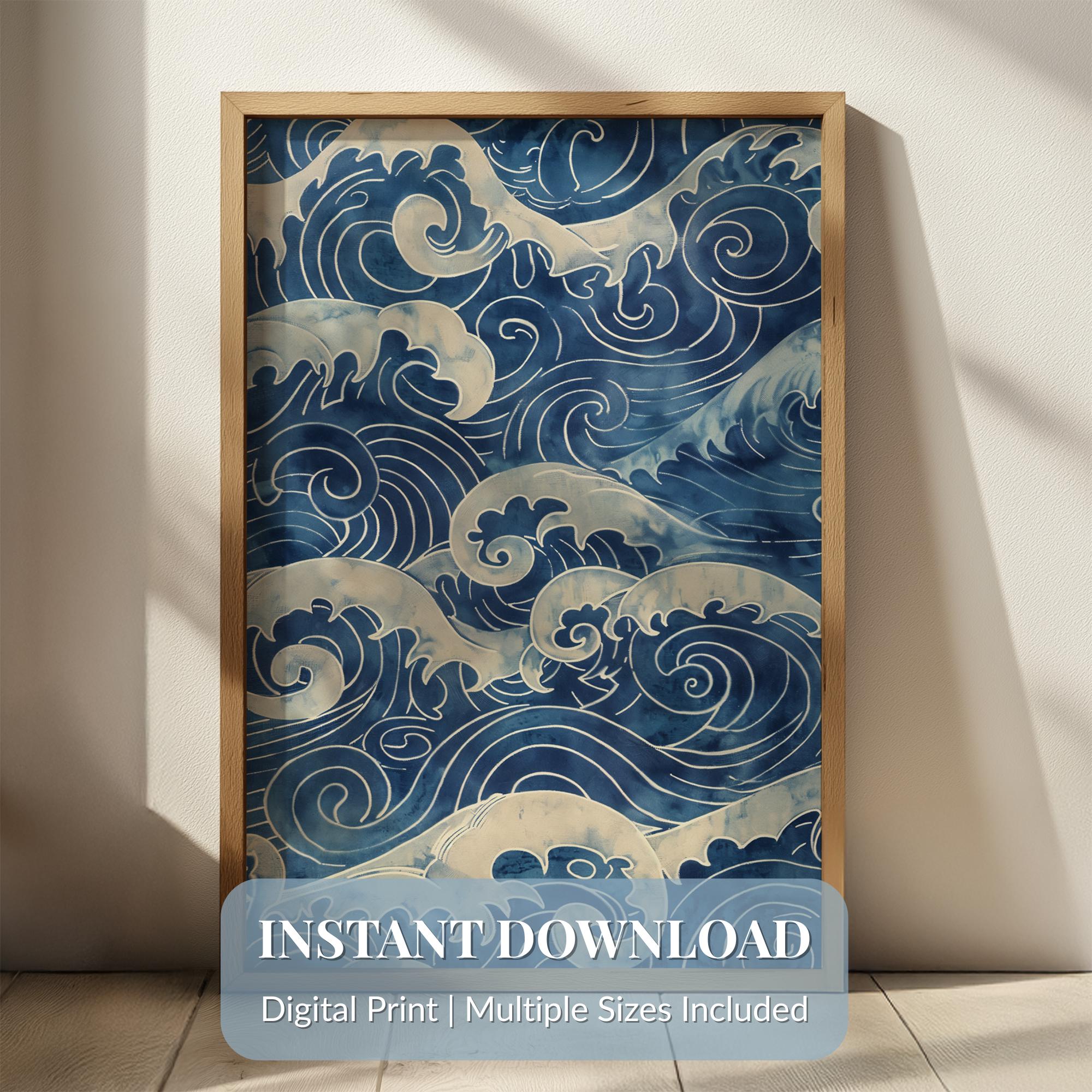 Blue Japandi Wave Wall Art Printable, Minimalist Ocean Decor, Hokusai Inspired Artwork, Zen Coastal Printable, Wabi Sabi Digital Art