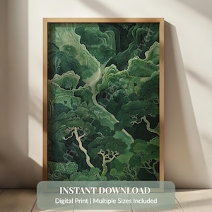 Salbeigrüne Japandi Wandkunst - ruhiges Zen Natur Poster, minimalistische Waldszene Druck, ruhiges japanisches Dekor für moderne Innenräume