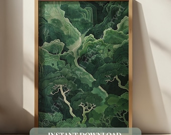 Sage Green Japandi Wall Art – Calm Zen Nature Poster, Minimalist Forest Scene Print, Serene Japanese Decor for Modern Interiors