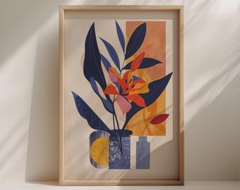 Abstract Japandi Floral Print: Modern Orange & Blue Botanical Art (Digital Download)