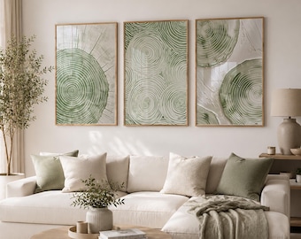 Sage Green Tree Ring Triptych – Japandi Wall Art Set (Unframed)