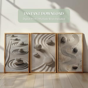Japandi Zen Wall Art set van 3, minimalistisch zandtuindecor, rustige moderne abstracte afdrukbare, neutrale Wabi Sabi-meditatiekamerkunstwerk