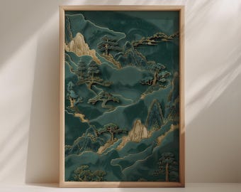 Sage Green Japandi Wall Art  – Jade and Gold Minimalist Wabi Sabi Digital Poster