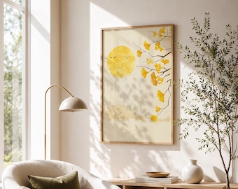 Japandi Ginkgo Wall Art Printable – Golden Botanical Minimalist Print (Digital Download)