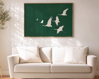 Wabi Sabi Japandi Crane Wall Art  – Minimalist Zen Bird Poster in Forest Green
