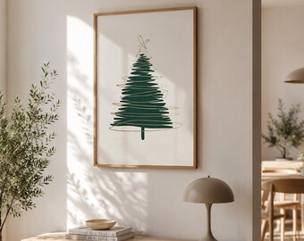 Lámina decorativa minimalista de árbol de Navidad verde y dorado (descarga digital)
