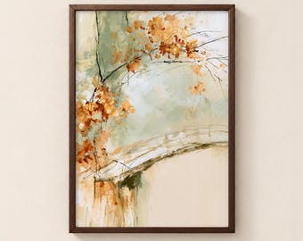 Abstract Japanese Garden Bridge Print, Autumn Maple Landscape, Japandi Wall Art