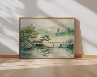 Zen Watercolor Landscape Art – Japandi Minimalist Lake Scene Nature Poster (Digital Download)