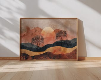 May include: A framed art print depicting an abstract landscape with a sunset. The artwork features rolling hills in shades of orange, navy, and gold, with silhouetted trees. The warm colour palette and minimalist design create a serene and modern aesthetic.
