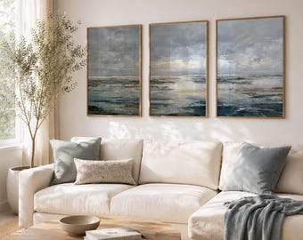 Japandi Digital Wall Art Set – Blue Gray Coastal Triptych