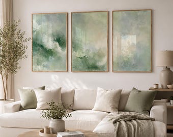 Sage Green Triptych Wall Art – Minimal Fog Abstract, Japandi Wabi Sabi Poster Set