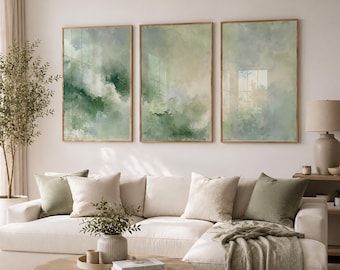 Sage Green Triptych Wall Art Printable – Minimal Fog Abstract, Japandi Wabi Sabi Set