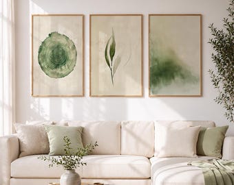 Trittico Japandi verde salvia – Set di quadri minimalisti a tema botanico (senza cornice)