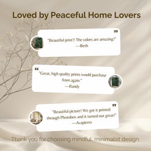 A digital graphic showing three customer reviews on a soft beige background with delicate floral illustrations. Each review is enclosed in a light text box and expresses positive feedback about the product’s beauty and quality. Decorative botanical accents add an elegant touch.