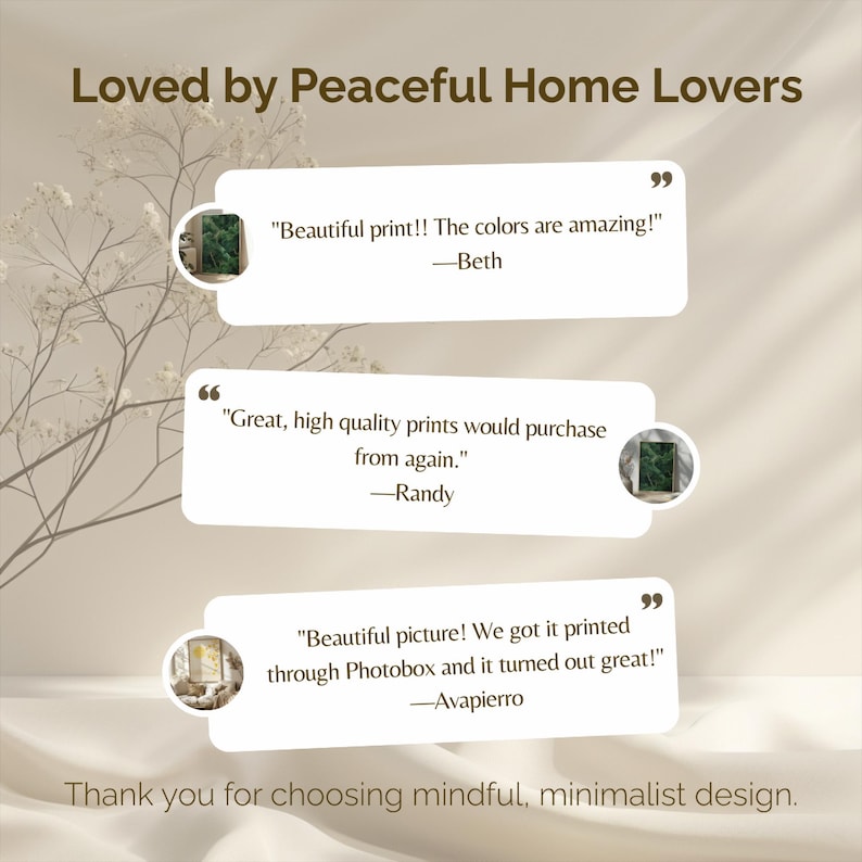 A digital graphic showing three customer reviews on a soft beige background with delicate floral illustrations. Each review is enclosed in a light text box and expresses positive feedback about the product’s beauty and quality. Decorative botanical accents add an elegant touch.