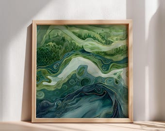 Sage Green Japandi Square Wall Art – Minimalist Landscape Poster, Neutral Wabi Sabi Print