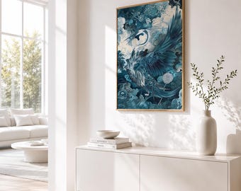 Blue Japandi Crane Wall Art – Minimalist Wabi Sabi Bird Poster (Digital Download)