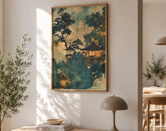 Lámina de montaña Japandi: Póster de paisaje zen, arte mural wabi-sabi.
