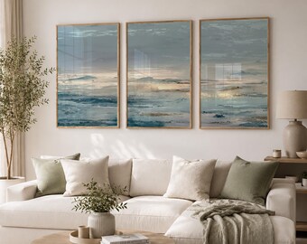 Japandi Wall Art Set – Coastal Horizon Triptych Poster Set