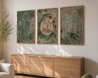 Sage Green Tree Ring Triptych – Japandi Wall Art Set of 3 (Digital Download)