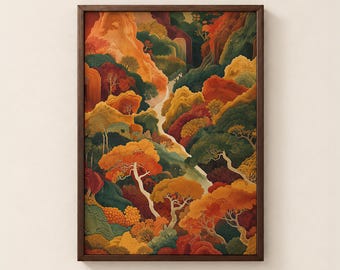 Japanese Autumn Forest Print, Japandi Wall Art, Colorful Landscape Poster