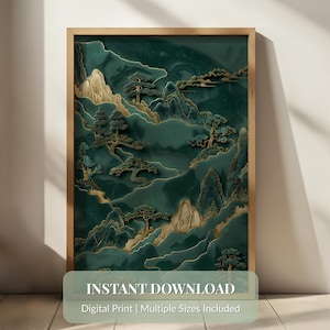Salbei grün Japandi Wand Kunst zum ausdrucken, Jade Grün und Gold Landschaft, Wabi Sabi Zen Dekor, minimalistischer Wald digitales Poster, ruhige Natur Kunst