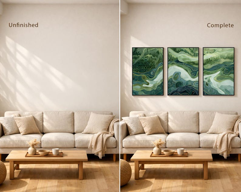 Sage Green Japandi Triptych Minimalist Forest Landscape Prints Etsy