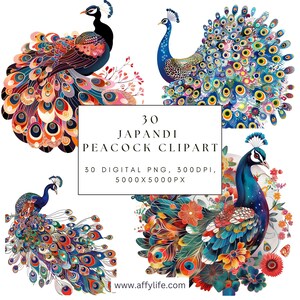 30 Japandi Peacock-clipart – Japans geïnspireerde digitale kunst, pauwbloemenontwerpen, natuurthema-png’s voor uitnodigingen, briefpapier en ambachten