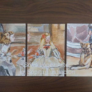 3 Watercolor Postcards Reinterpretation Original Work Meninas Velázquez Art from Spain