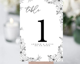 Black and White Floral Table Numbers, Black and White Wedding Decorations, Simple Wedding, Minimalist Wedding, Modern Wedding