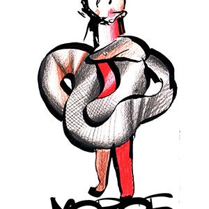 May include: A black and white illustration of a person with a snake wrapped around them. The person is wearing a red dress and the snake is coiled around their body. The word "MOROF" is written in black letters below the image.