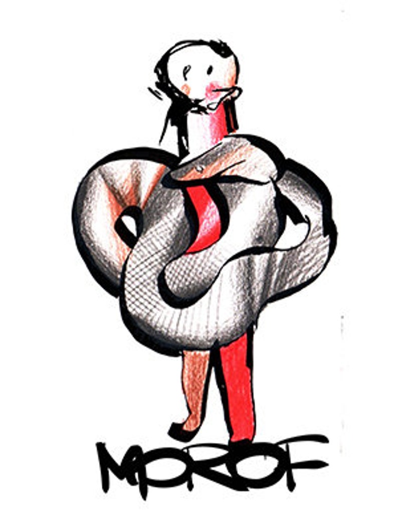 May include: A black and white illustration of a person with a snake wrapped around them. The person is wearing a red dress and the snake is coiled around their body. The word "MOROF" is written in black letters below the image.