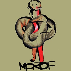 May include: A black and white illustration of a person with a snake wrapped around them. The person is wearing red clothing and the snake is gray. The word "MOROF" is written in black below the image.