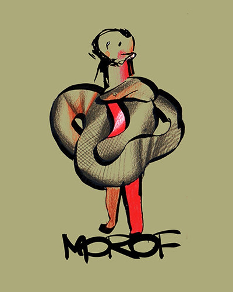 May include: A black and white illustration of a person with a snake wrapped around them. The person is wearing red clothing and the snake is gray. The word "MOROF" is written in black below the image.