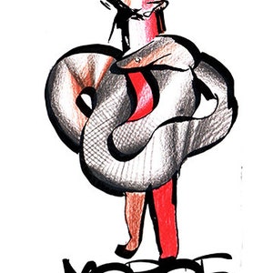 May include: A black and white illustration of a person with a snake wrapped around them. The person is wearing red pants and the snake is grey with black markings. The word "MOROF" is written in black below the image.